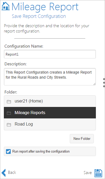 Saving report configuration - Mileage Report Saving report configuration - Mileage Report